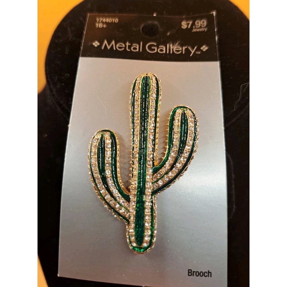 Metal Gallery Cactus Brooch Rhinestone Enamel Green Gold Tone Statement Y2K NWT!